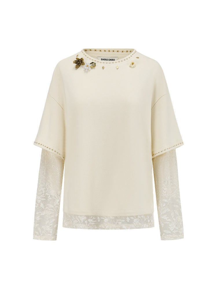 SHROENRO Beaded Lace-Layered Long-Sleeve Top