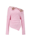 SHROENRO 3D Floral Asymmetric Off-Shoulder Knit Top