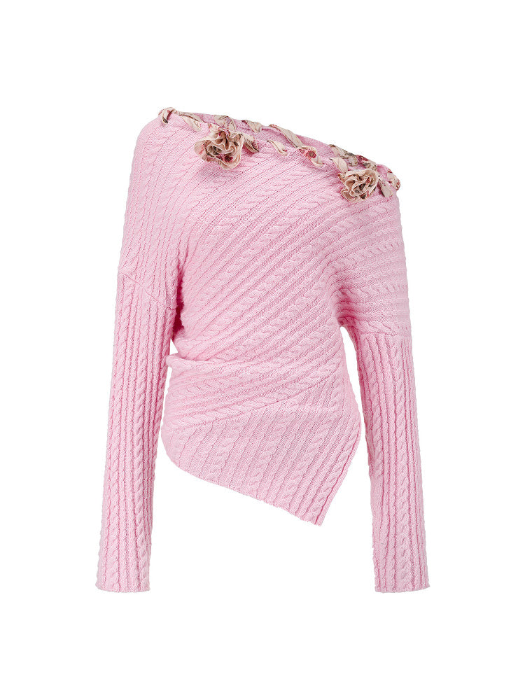 SHROENRO 3D Floral Asymmetric Off-Shoulder Knit Top