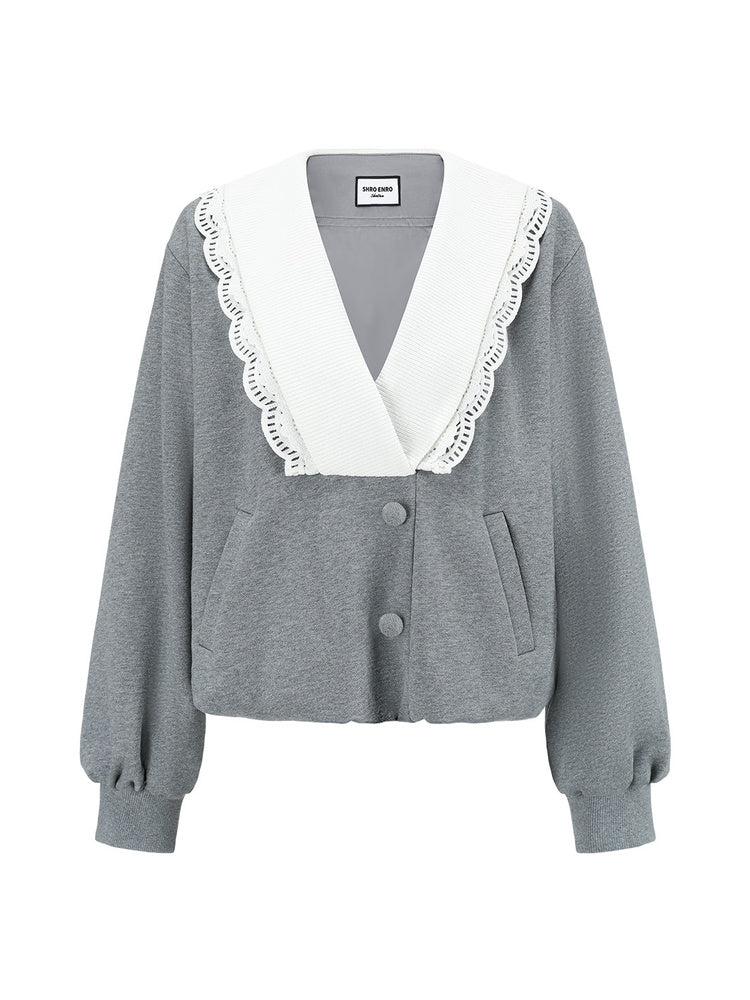 SHROENRO Lace-Trim V-Neck Cropped Sweatshirt