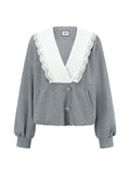 SHROENRO Lace-Trim V-Neck Cropped Sweatshirt