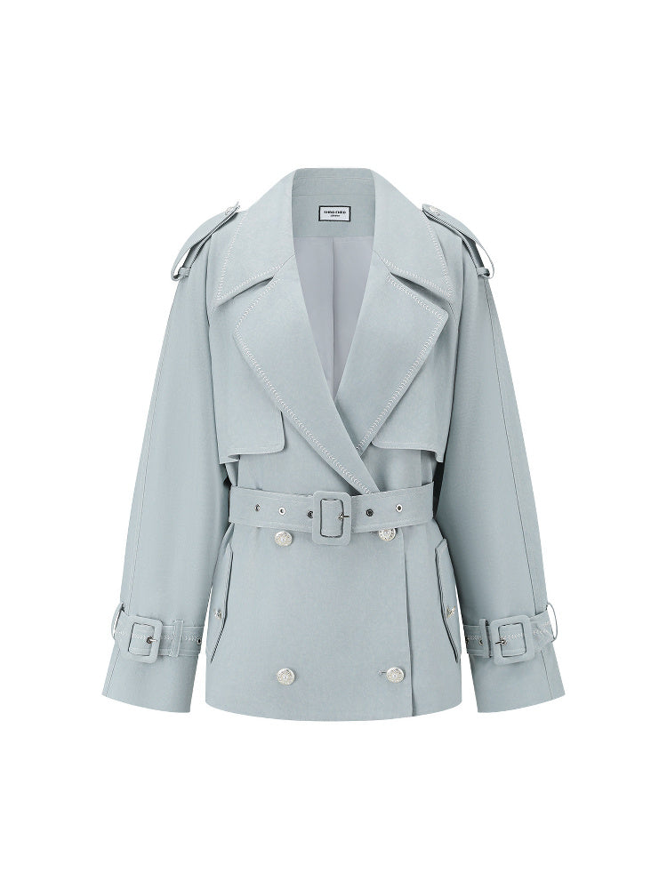 SHROENRO Embroidered Denim-Look Cropped Trench