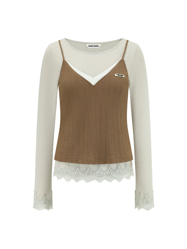 SHROENRO Contrast Lace-Trim Knit Two-Piece Top