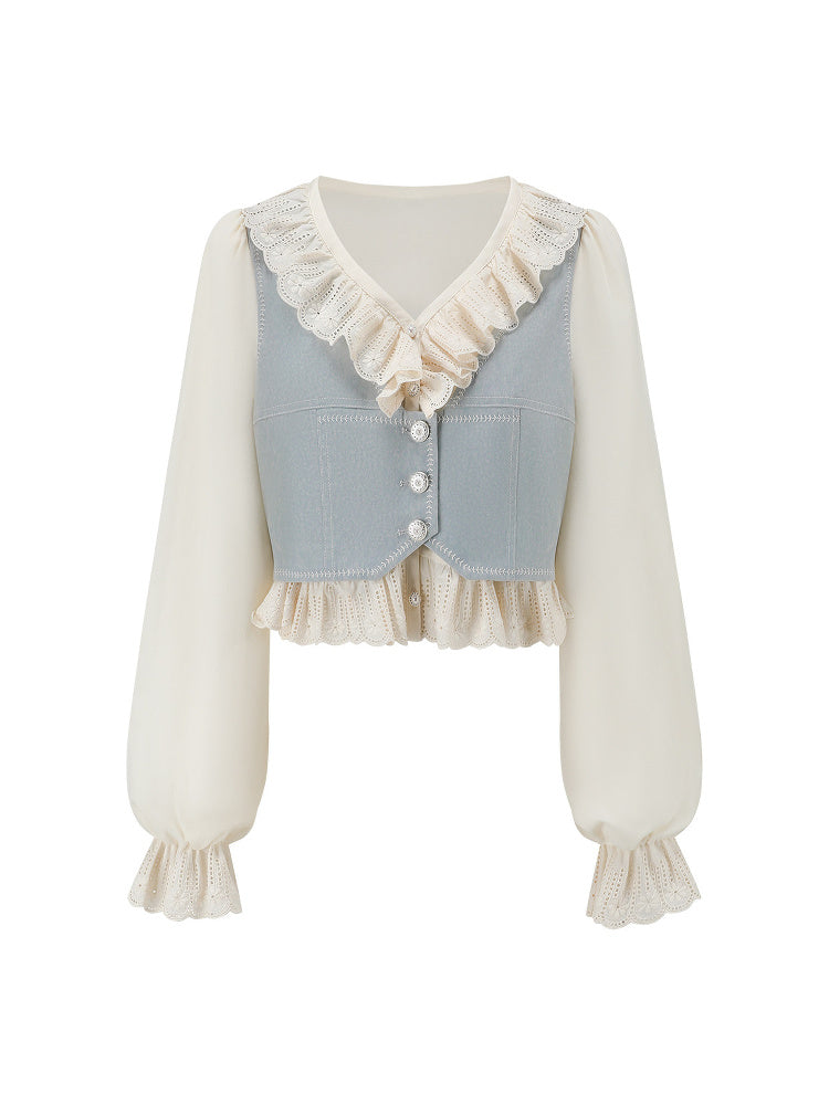 SHROENRO Embroidered Denim-Look Vest and Shirt Set