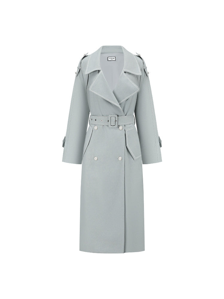 SHROENRO Embroidered Denim-Look Double-Breasted Trench Coat