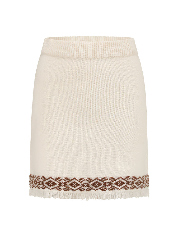 SHROENRO Jacquard Fringe Knit Mini Skirt