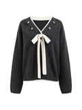 SHROENRO Beaded V-Neck Bow Knit Top