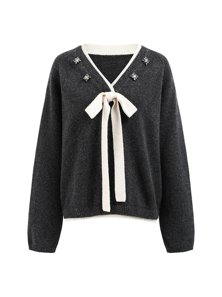 SHROENRO Beaded V-Neck Bow Knit Top