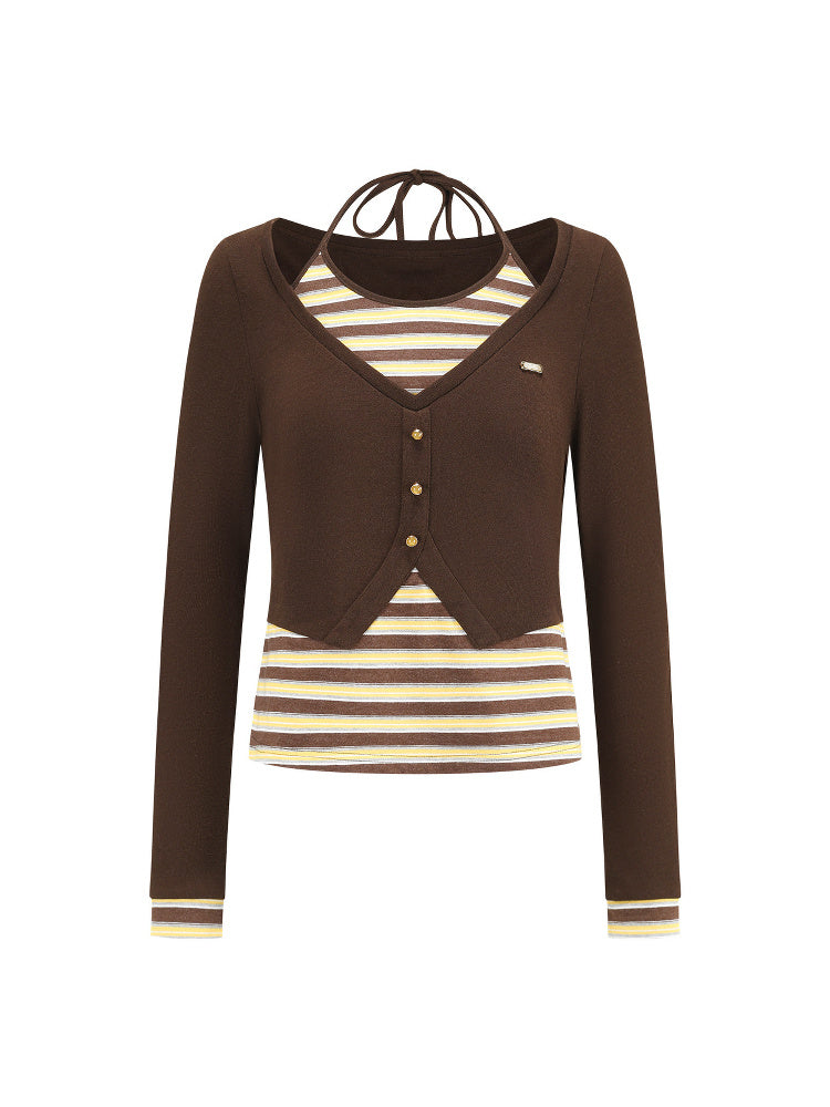 SHROENRO Striped Halter-Neck Layered Knit Top