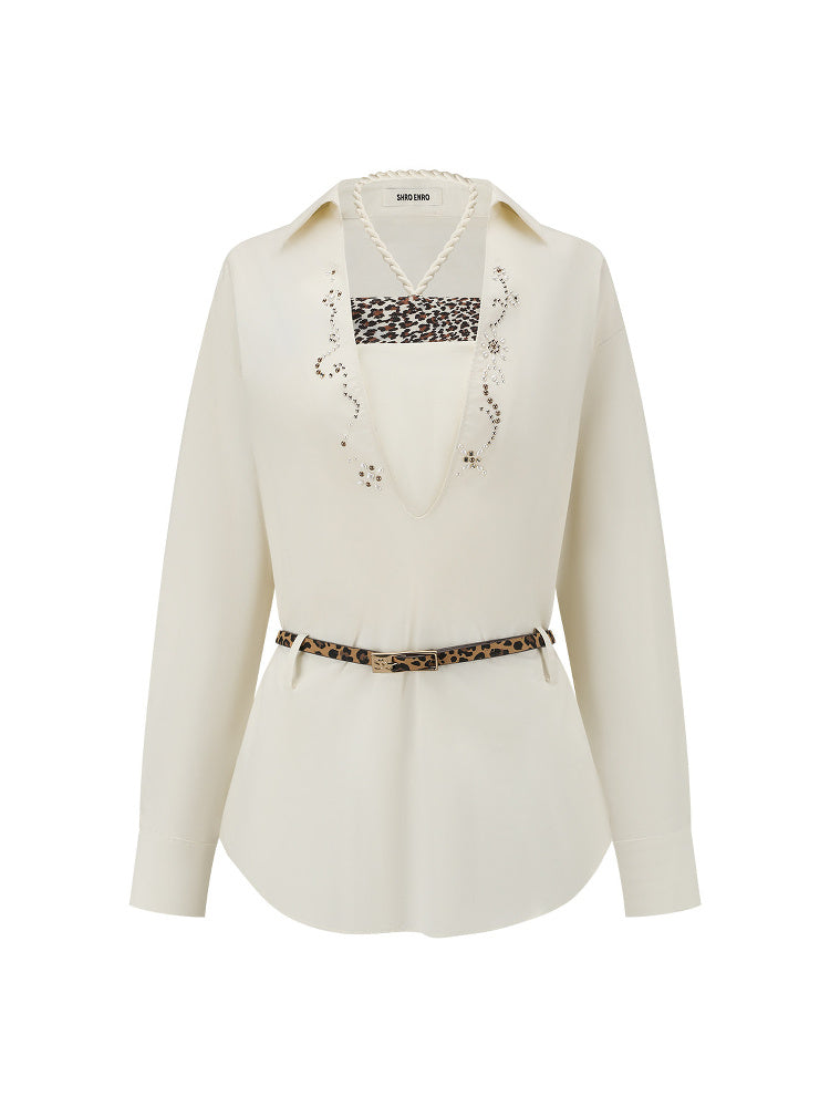 SHROENRO Rhinestone Leopard Layered Long Shirt