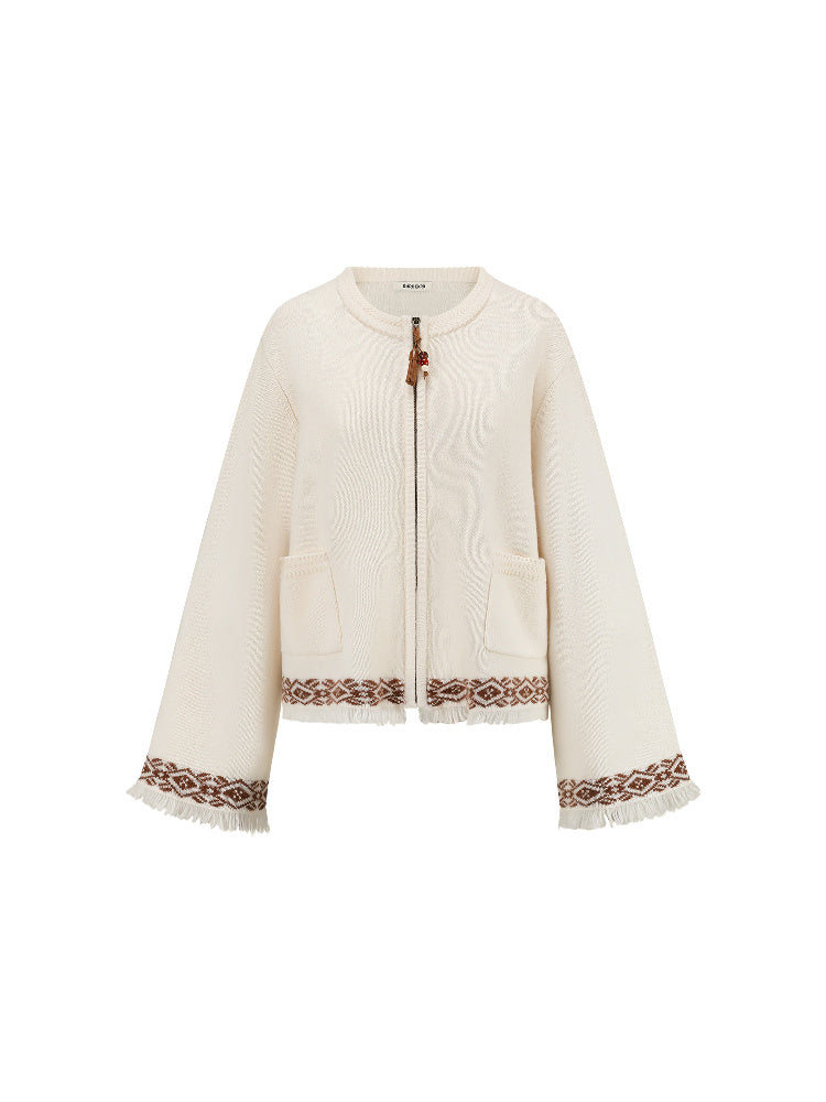 SHROENRO Jacquard Fringe Knit Cardigan