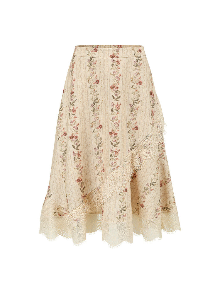 SHROENRO Asymmetric Lace-Panel Floral Midi Skirt