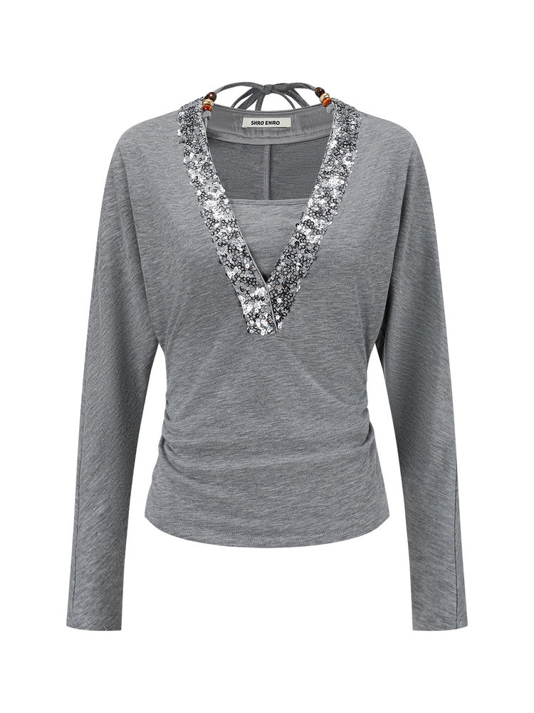 SHROENRO Sequin-Panel Halter Layered T-Shirt