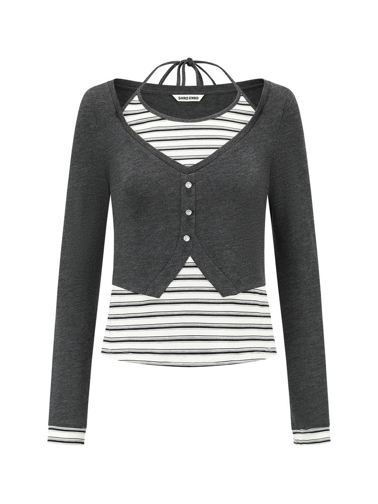 SHROENRO Striped Halter-Neck Layered Knit Top