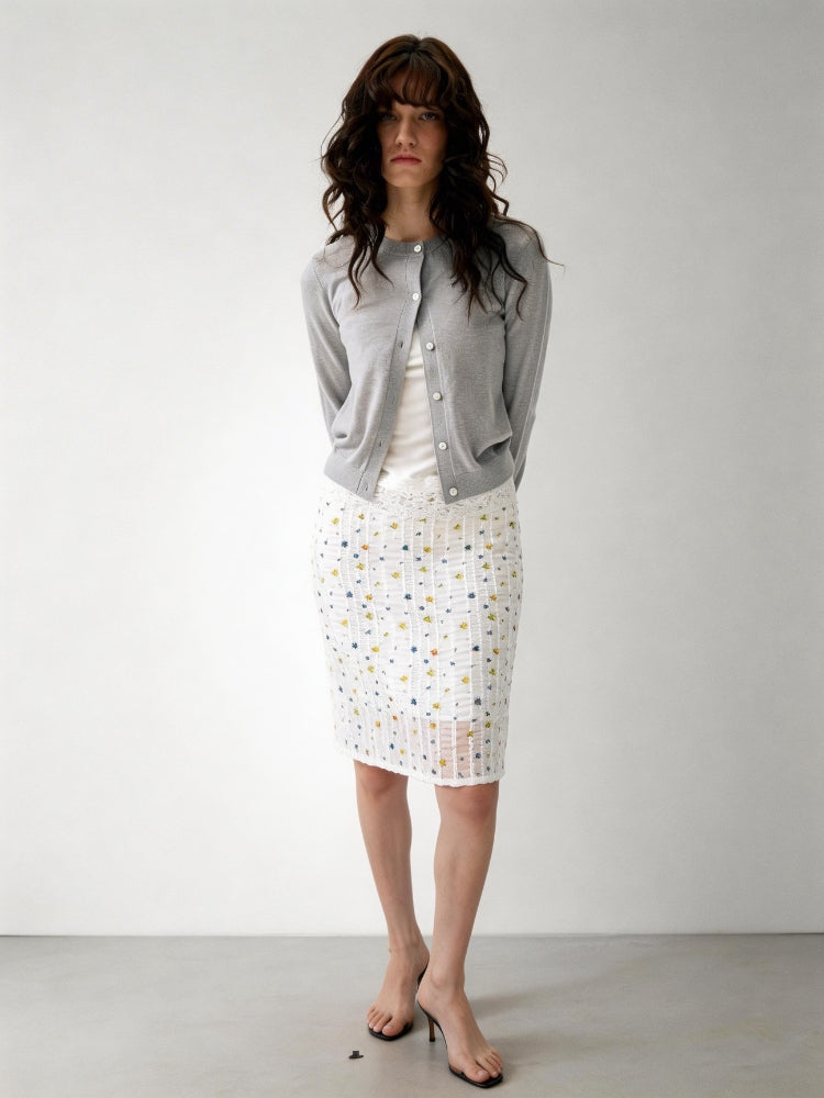 2AM POETRY 30% Wool Classic Short-Sleeve Cardigan with Straight Shoulders