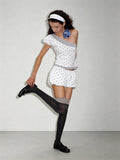2AM POETRY Polka-Dot Patchwork One-Sleeve Puff-Sleeve Top and Flower-Bud Puff-Sleeve Shorts Set
