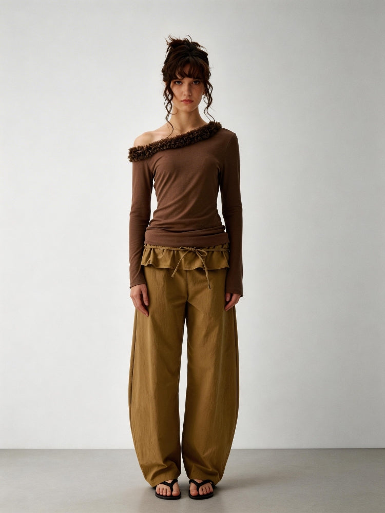 2AM POETRY Pleated, Turn-Up, Mid-Low Rise, Loose-Fit, Drawstring, Casual, Wide-Leg, Loose-Fit, Curved-Leg Pants