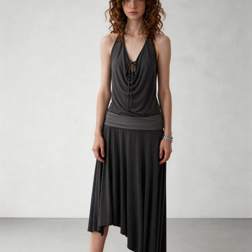 2AM POETRY Halter-Neck, Tie-Front, Off-the-Shoulder, Patchwork, Pleated, Asymmetrical Dress