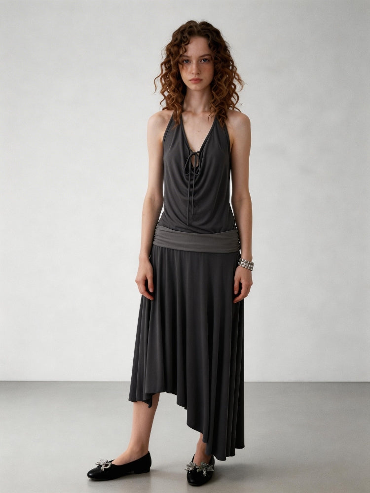 2AM POETRY Halter-Neck, Tie-Front, Off-the-Shoulder, Patchwork, Pleated, Asymmetrical Dress