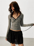 2AM POETRY Tencel Slimming, Waist-Defining, Straight-Shoulder Lace-Trimmed V-Neck Long-Sleeve T-Shirt
