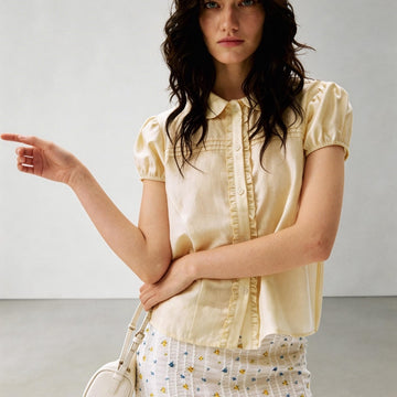 2AM POETRY Linen-Blend Shirt with Sheer Peter Pan Collar, Ruffled Sleeves, and Cropped Silhouette