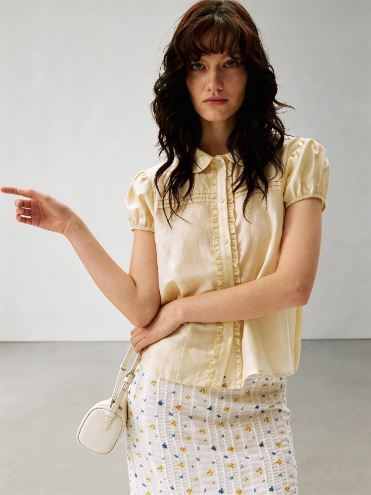 2AM POETRY Linen-Blend Shirt with Sheer Peter Pan Collar, Ruffled Sleeves, and Cropped Silhouette