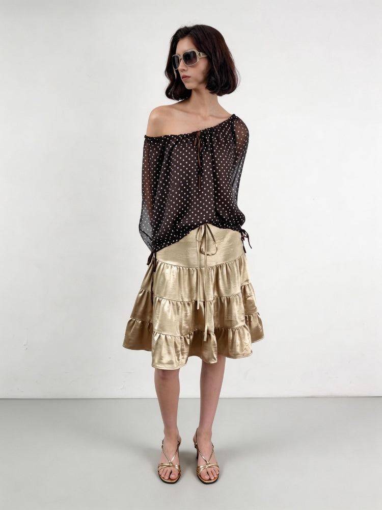 2AM POETRY Gold Pleated Skirt: Pleated, Drawstring Waist, Layered A-Line Midi Skirt