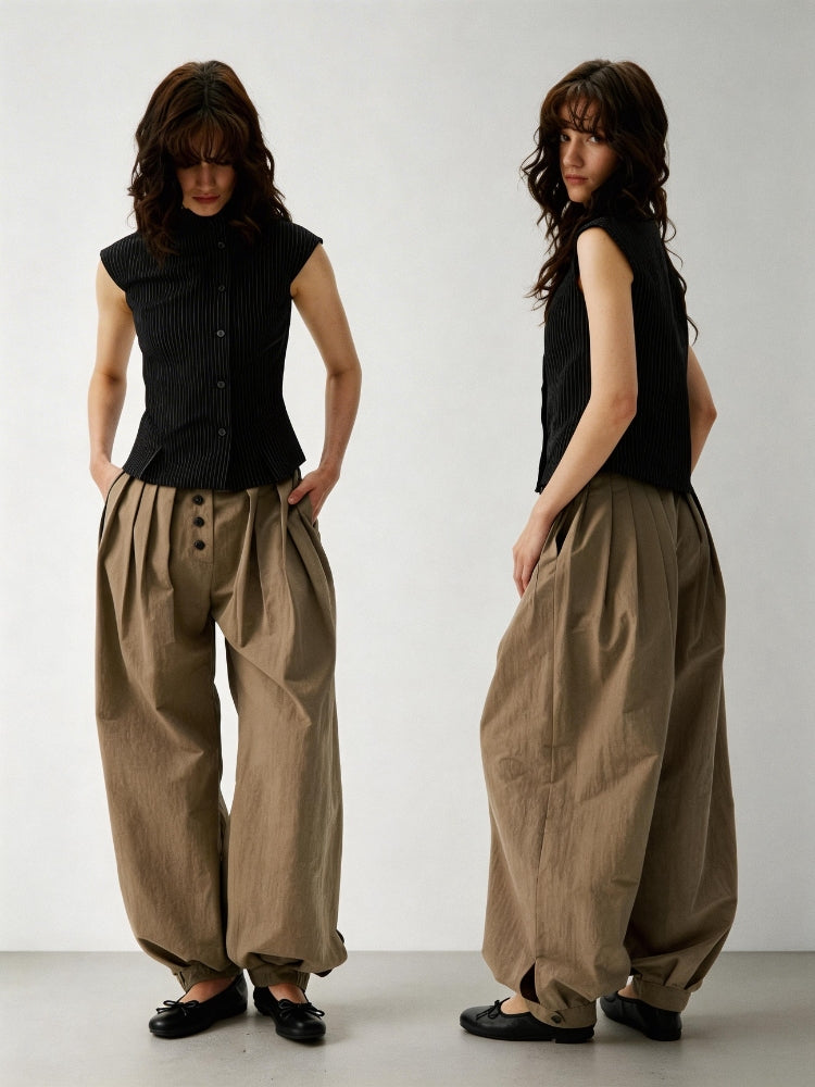 2AM POETRY Relaxed-Fit Adjustable Multi-Pleated Drapey Casual Bell-Bottom Pants