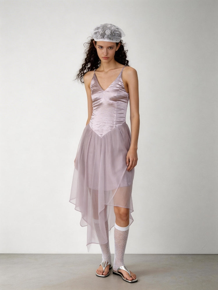 2AM POETRY Shimmering Textured Irregular-Petal Pleated Patchwork Pink-Purple Tulle Dress