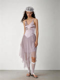 2AM POETRY Shimmering Textured Irregular-Petal Pleated Patchwork Pink-Purple Tulle Dress