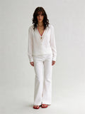 2AM POETRY V-Neck Polka Dot Patchwork Minimalist Slightly Loose-Fit Long-Sleeve Shirt for Women - Breathable Blouse