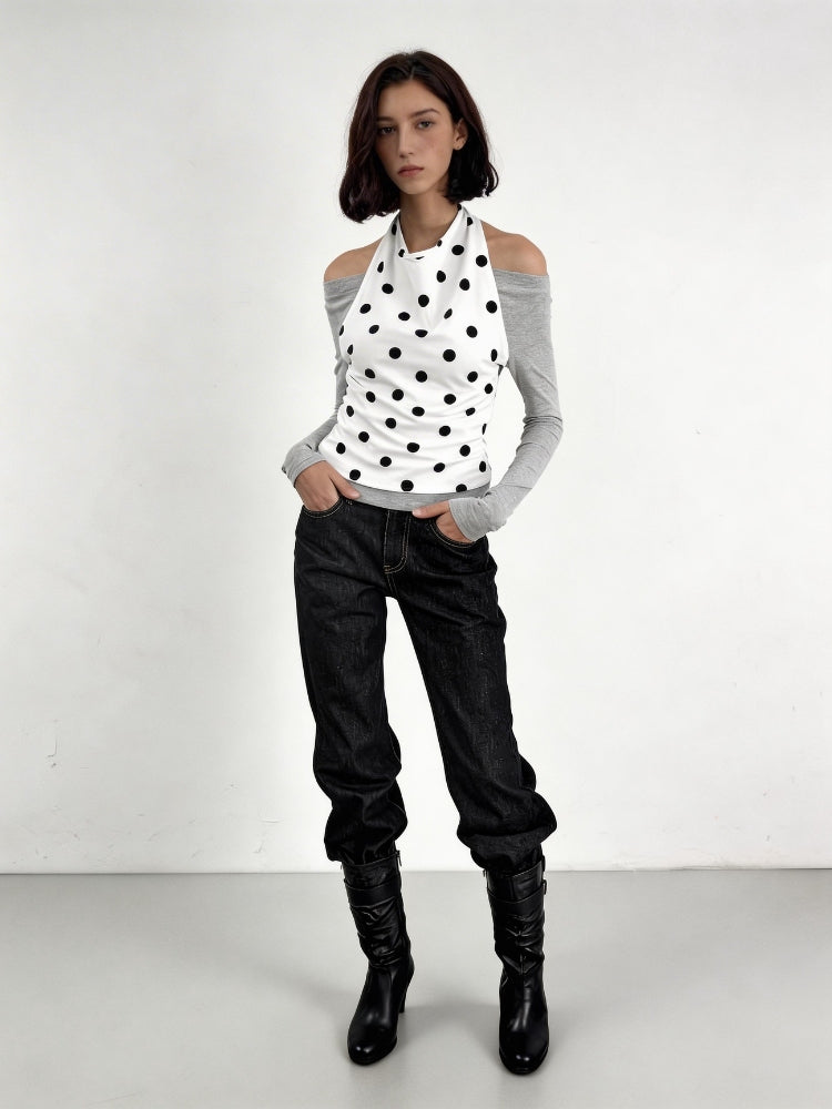 2AM POETRY Polka Dot Shirt: Two-Piece-Style Polka Dot Patchwork Halter-Neck Off-the-Shoulder Long-Sleeve T-Shirt