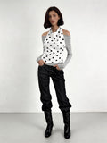 2AM POETRY Polka Dot Shirt: Two-Piece-Style Polka Dot Patchwork Halter-Neck Off-the-Shoulder Long-Sleeve T-Shirt