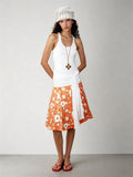 2AM POETRY Original Orange Floral All-Over Print A-Line Fitted Pleated Skirt