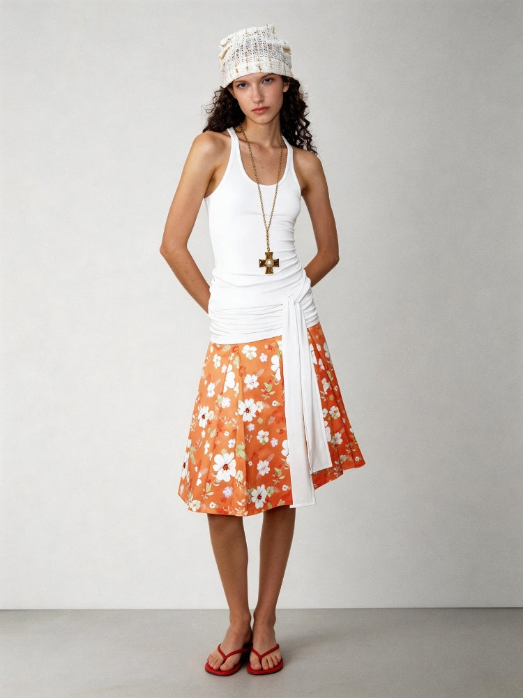 2AM POETRY Original Orange Floral All-Over Print A-Line Fitted Pleated Skirt