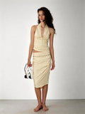 2AM POETRY Yellow Pleated Backless Tank Top and Pleated Fitted Skirt Set