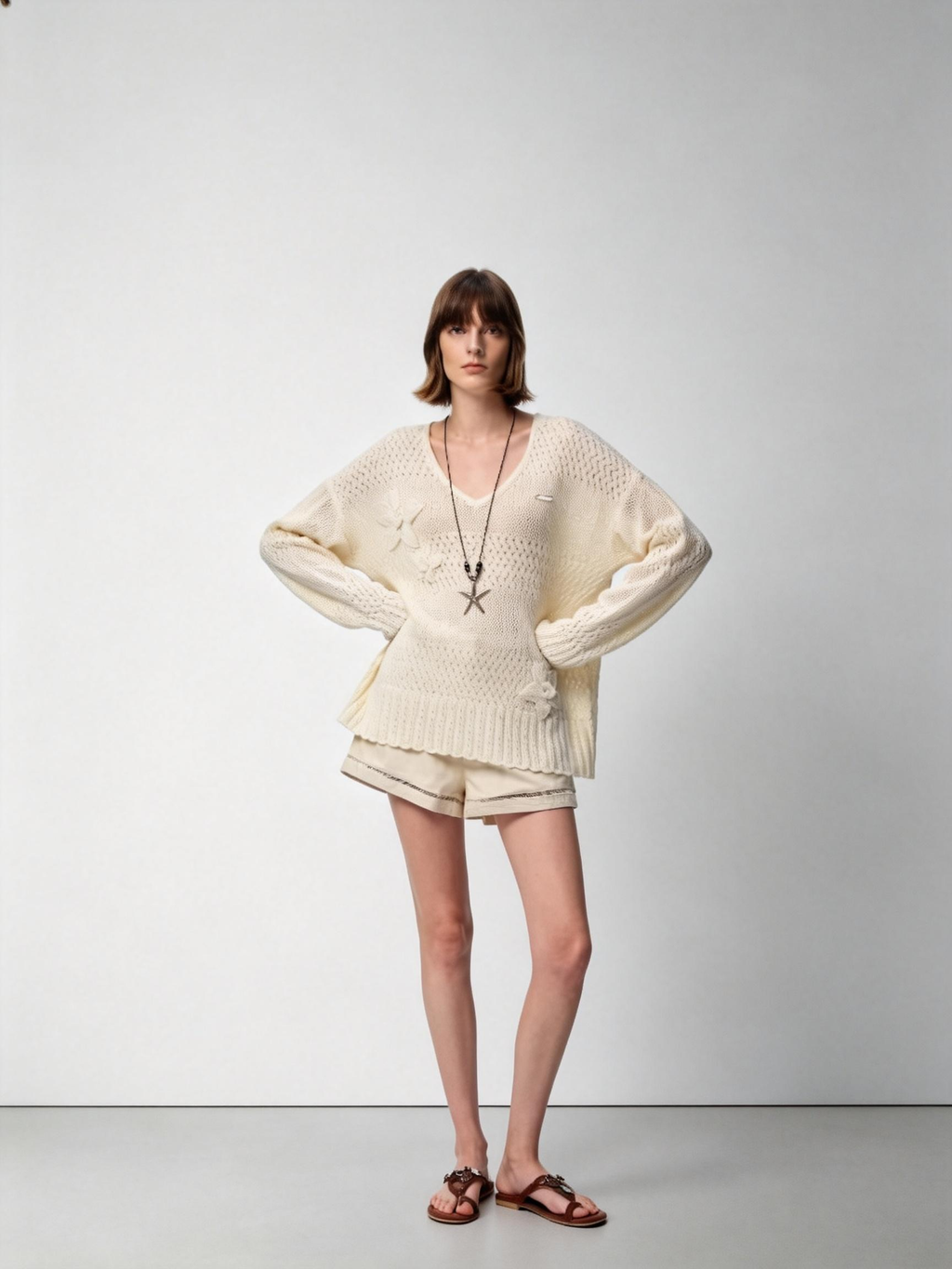 SHROENRO Floral V-Neck Openwork Knit Sweater for Women