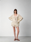 SHROENRO Floral V-Neck Openwork Knit Sweater for Women