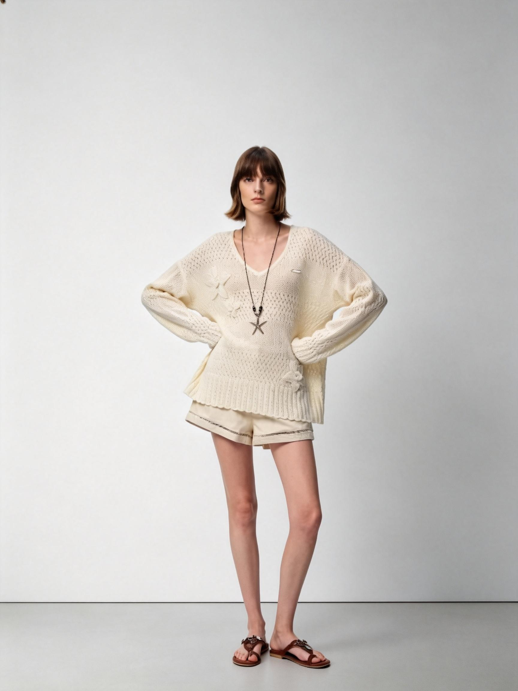 SHROENRO Floral V-Neck Openwork Knit Sweater for Women