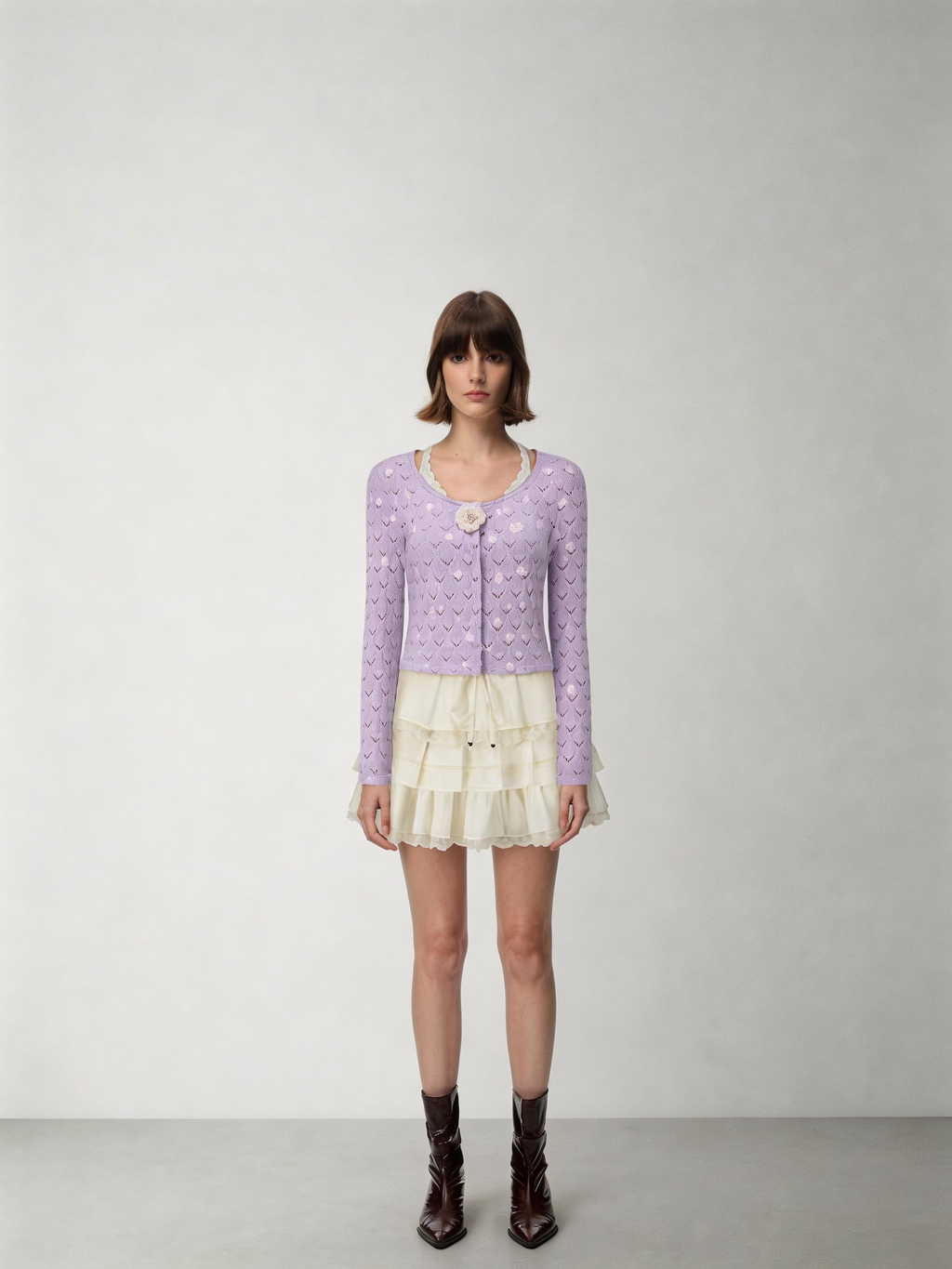SHROENRO Polka Dot Hand-Knit Floral Casual Versatile Cardigan for Women