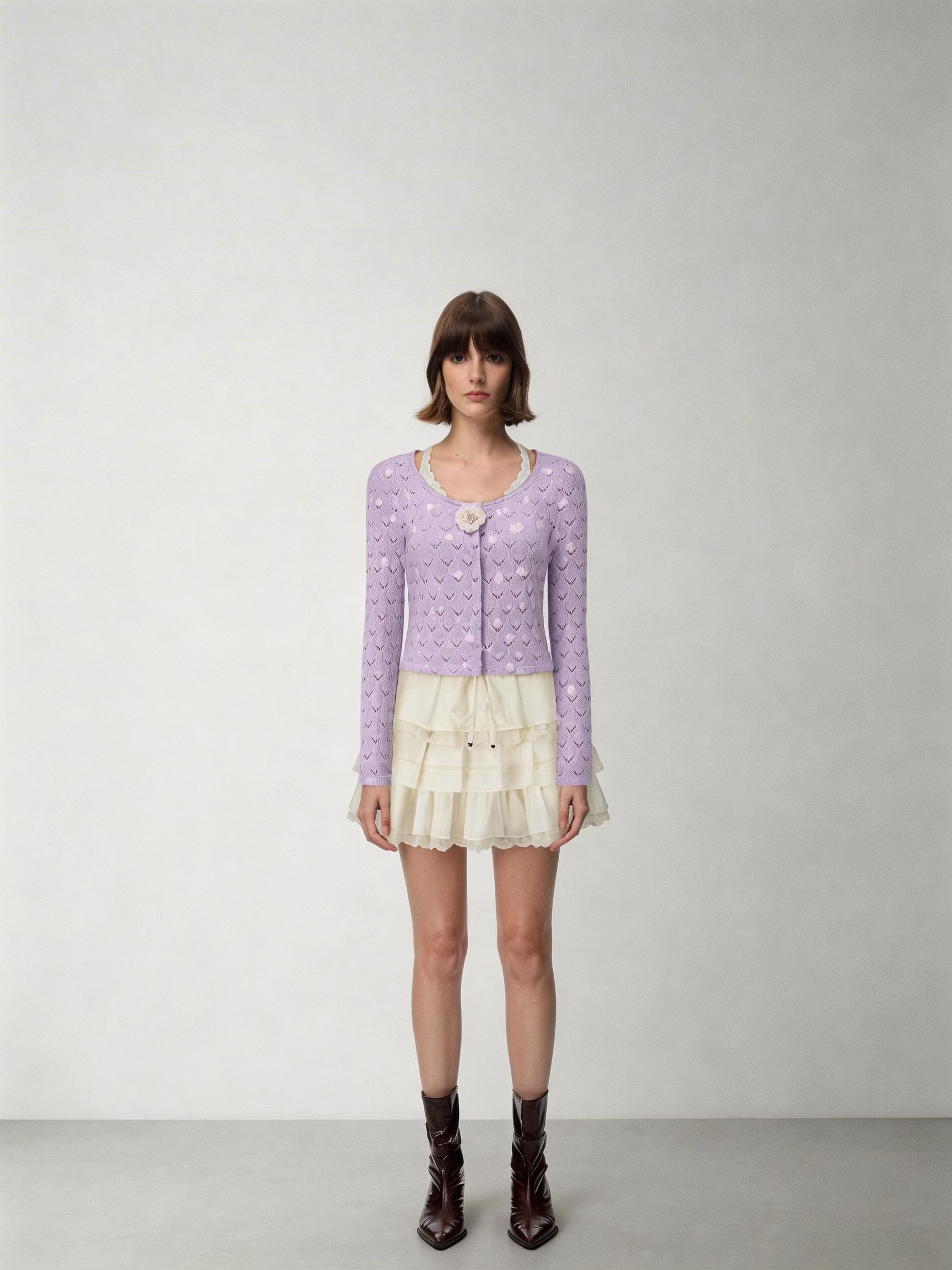 SHROENRO Polka Dot Hand-Knit Floral Casual Versatile Cardigan for Women