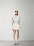 SHROENRO Sweet Preppy-Style Color-Blocked Polo-Neck Lace-Trimmed Fitted T-Shirt