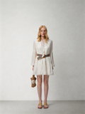 SHROENRO French Bohemian Loose A-Line Dress with Openwork and Puffed Sleeves