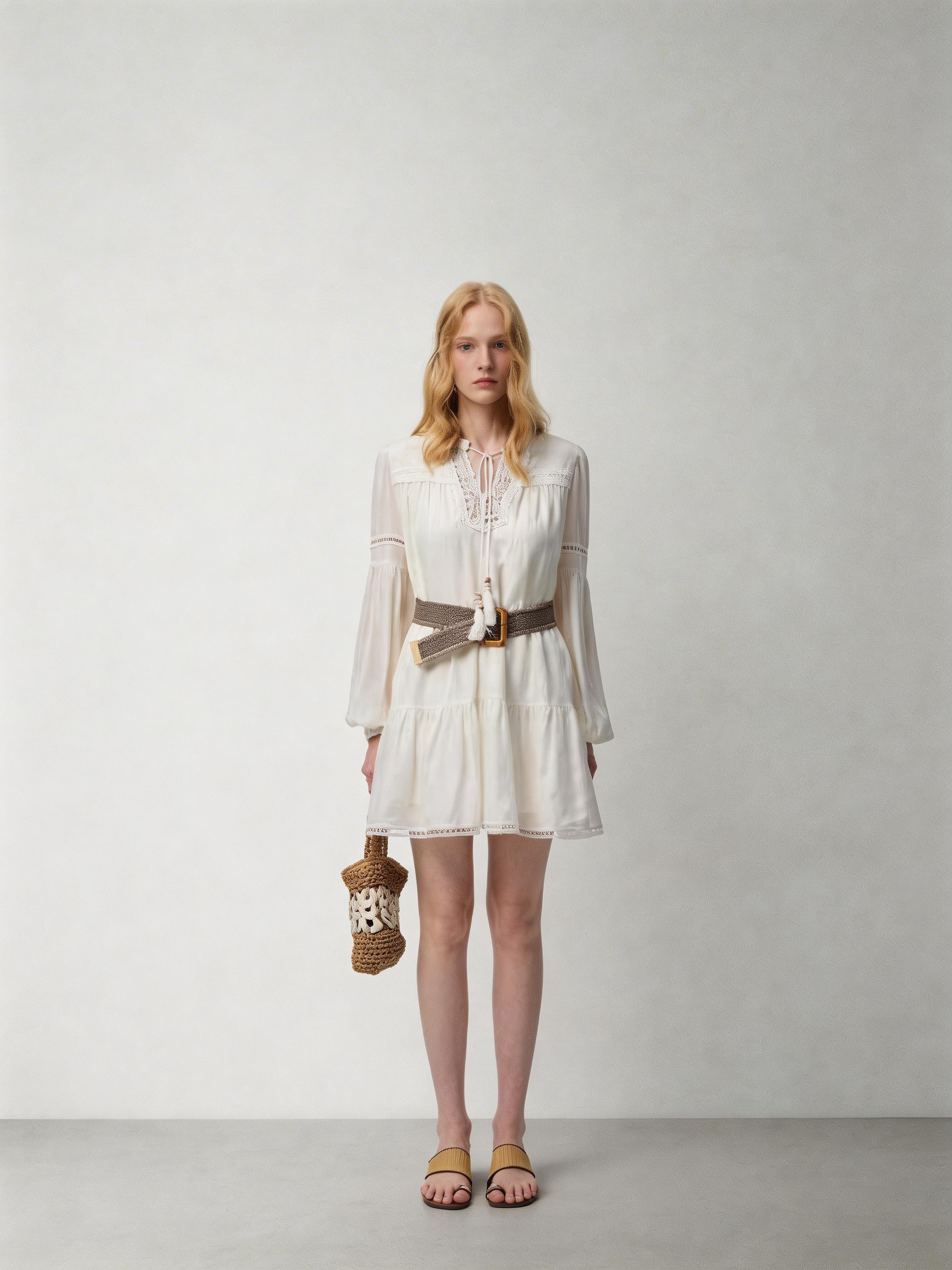 SHROENRO French Bohemian Loose A-Line Dress with Openwork and Puffed Sleeves