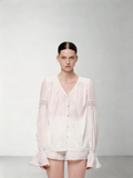 SHROENRO New Arrival: French-Style Loose-Fit, Flowy, Openwork V-Neck Lace Blouse and Shorts Fashion Set for Women