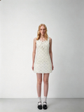 SHROENRO Light Luxury Fitted Gold Tweed Dress with Ruffle Trim
