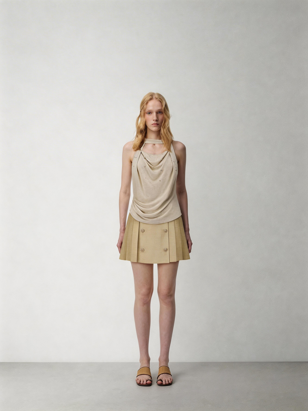 SHROENRO Relaxed-Fit Neckline-Draped Beaded Fitted Knit Tank Top for Women