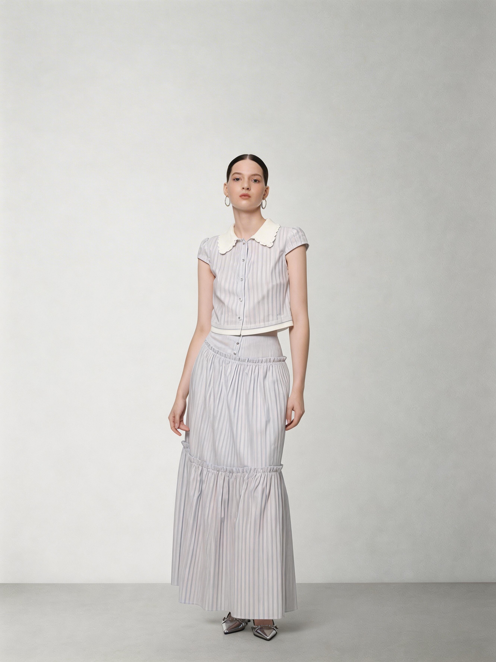 SHROENRO New Arrival: Striped Lace Peter Pan Collar Blouse and High-Waisted Midi Skirt Set – A Fashionable, Girly Ensemble