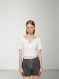 SHROENRO New Arrival: Full-Diamond Brooch, Color-Blocked Satin V-Neck Pleated Two-Piece-Style T-Shirt