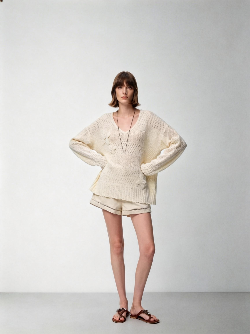 SHROENRO 3D Floral V-Neck Knit Sweater with Elegant Openwork Design